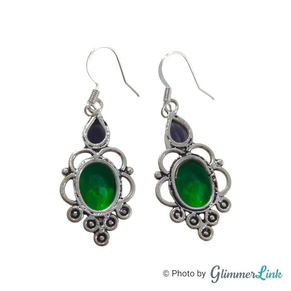 Purple & Green Faceted Glass Stone Silver Tone Pierced Dangle Earrings - Picture 8 of 10